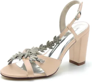 Women's Slingback Court Shoes Satin Rhinestones Block Heel Bridal Pumps Closed Toe Wedding Dress Sandals