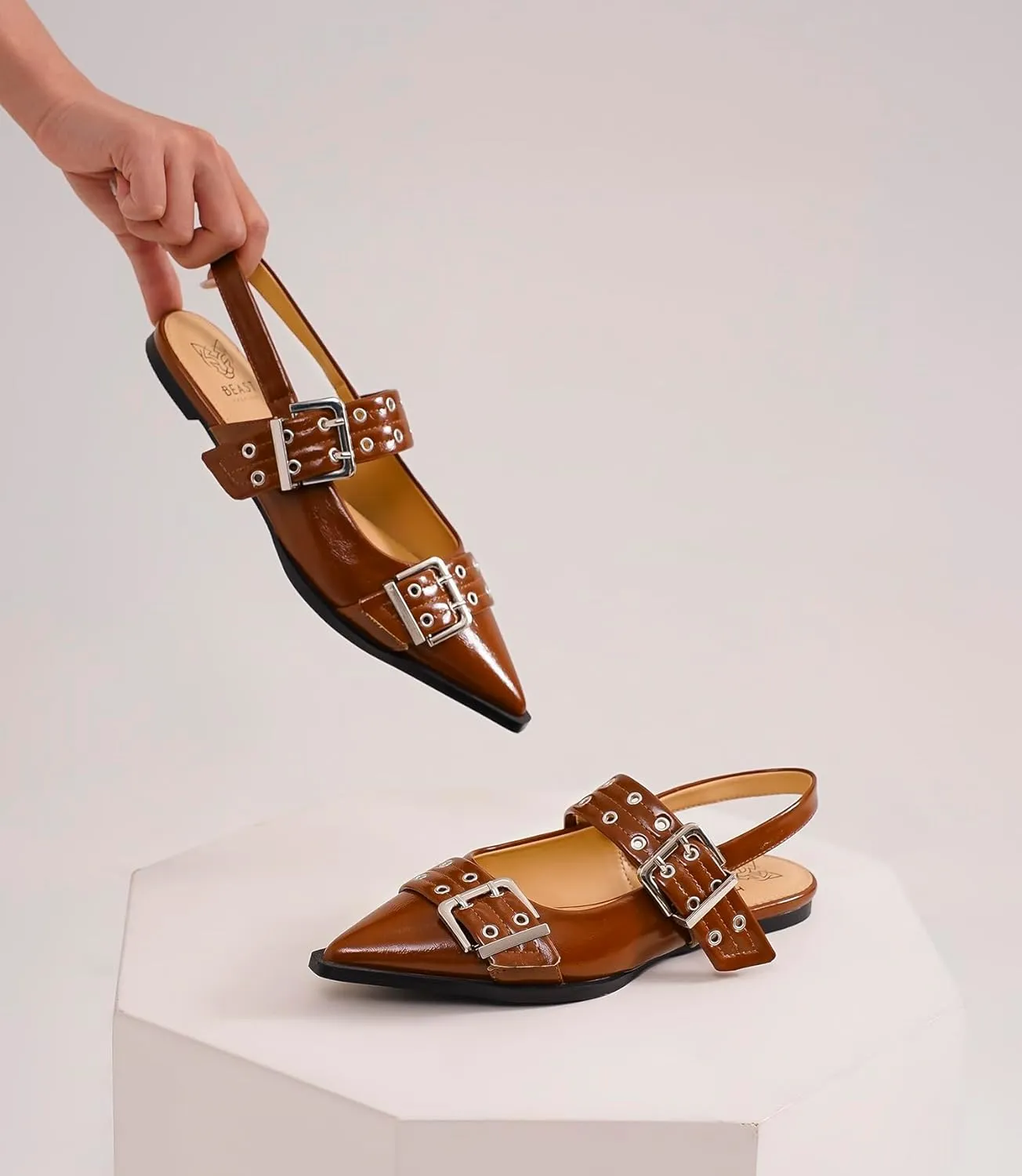 Women's Slingback Flats Studded Buckle Straps Flats Slip-On Slides Pointed Toe Flats Adjustable Strap Sandals Dressy Shoes