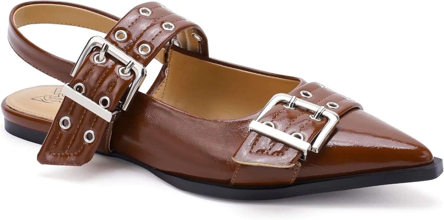 Women's Slingback Flats Studded Buckle Straps Flats Slip-On Slides Pointed Toe Flats Adjustable Strap Sandals Dressy Shoes