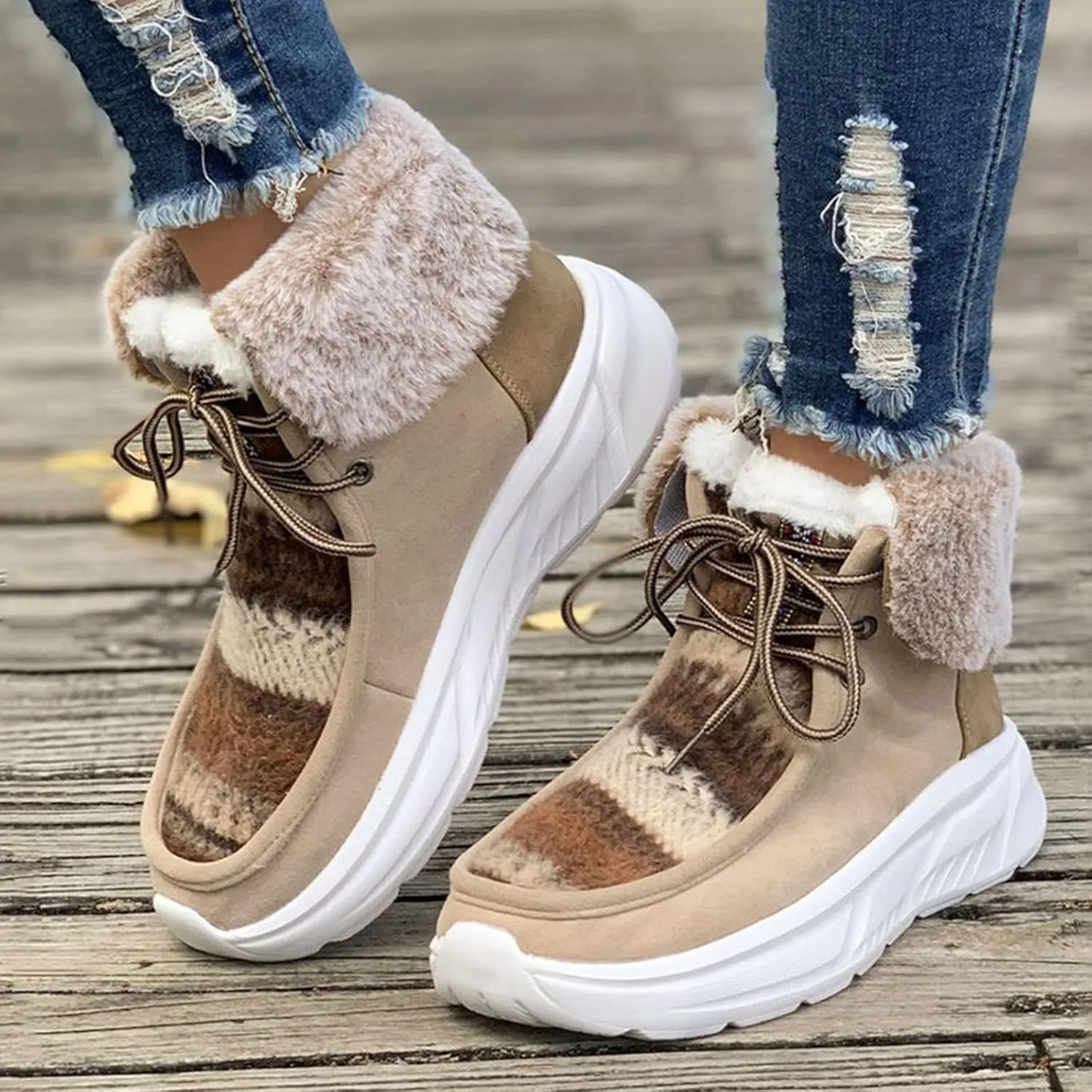 Women's Snow Boots Vintage Winter Boots Waterproof Fuzzy Fur Lined Booties Slip on Cold Weather Ankle Boots Lace Up Ladies Outdoor Sneakers Winter Shoes