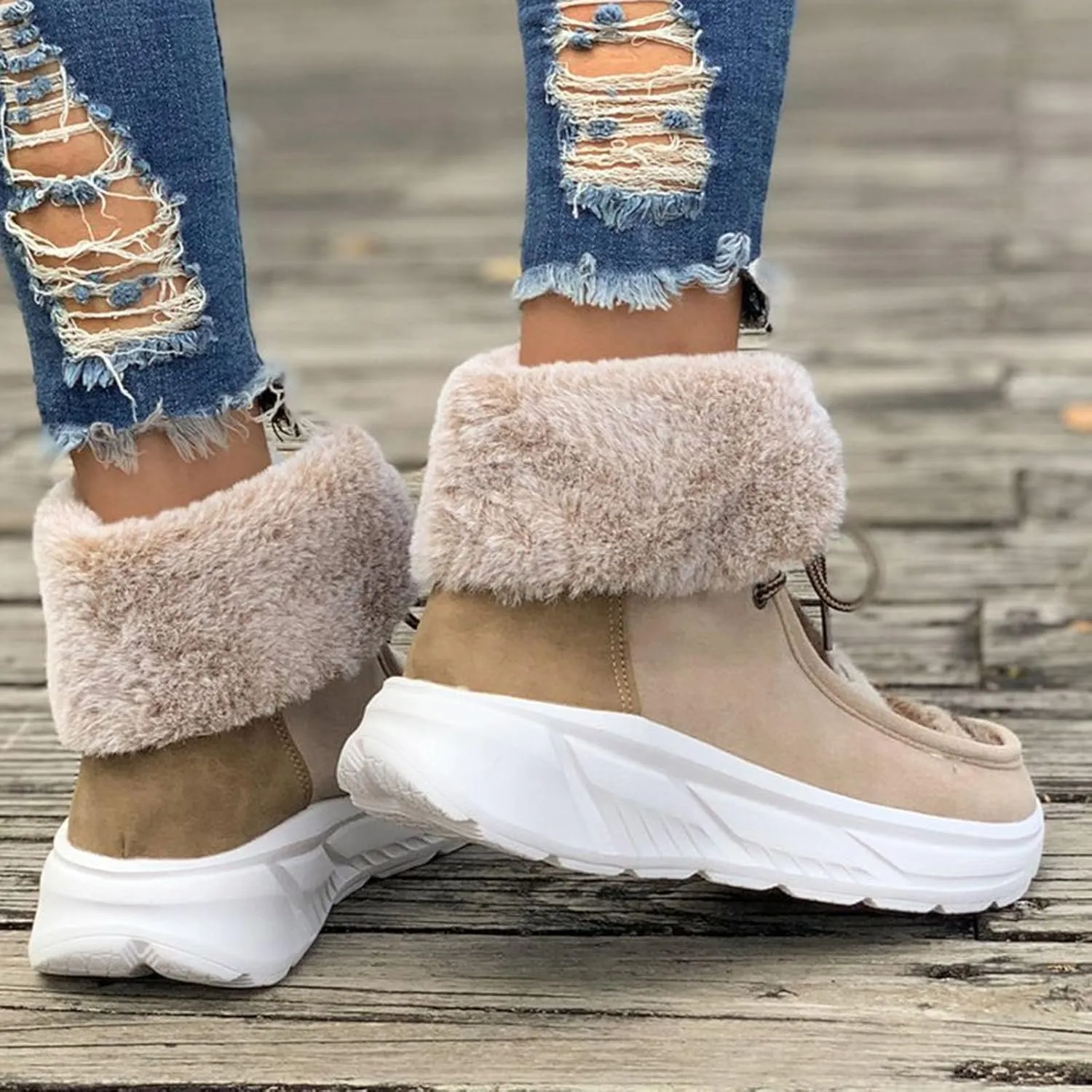 Women's Snow Boots Vintage Winter Boots Waterproof Fuzzy Fur Lined Booties Slip on Cold Weather Ankle Boots Lace Up Ladies Outdoor Sneakers Winter Shoes