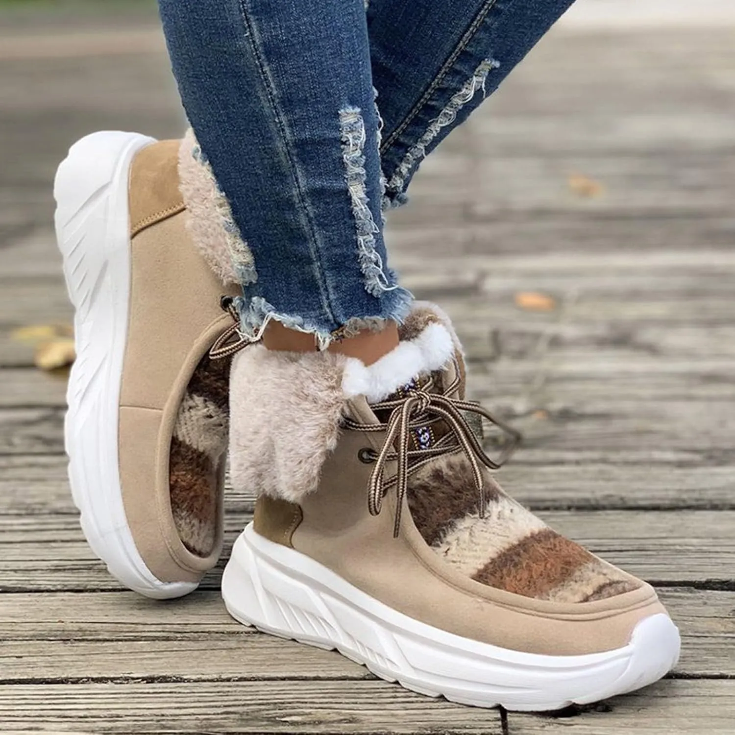Women's Snow Boots Vintage Winter Boots Waterproof Fuzzy Fur Lined Booties Slip on Cold Weather Ankle Boots Lace Up Ladies Outdoor Sneakers Winter Shoes