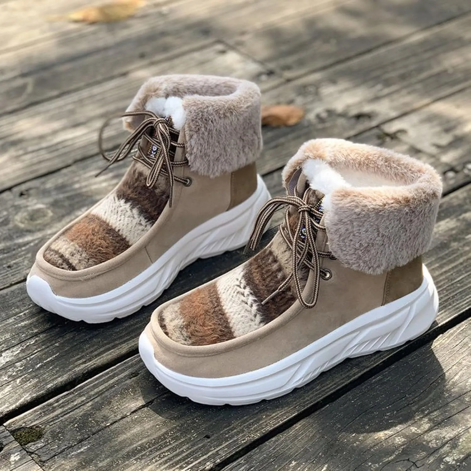 Women's Snow Boots Vintage Winter Boots Waterproof Fuzzy Fur Lined Booties Slip on Cold Weather Ankle Boots Lace Up Ladies Outdoor Sneakers Winter Shoes