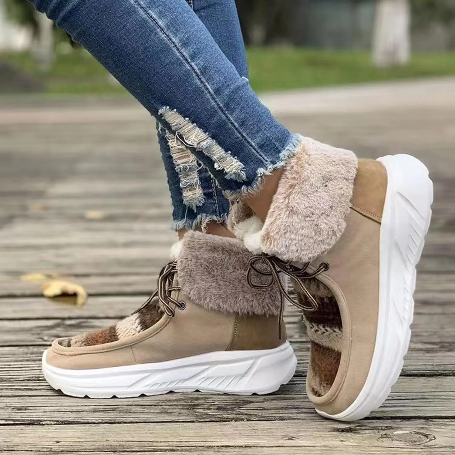 Women's Snow Boots Vintage Winter Boots Waterproof Fuzzy Fur Lined Booties Slip on Cold Weather Ankle Boots Lace Up Ladies Outdoor Sneakers Winter Shoes