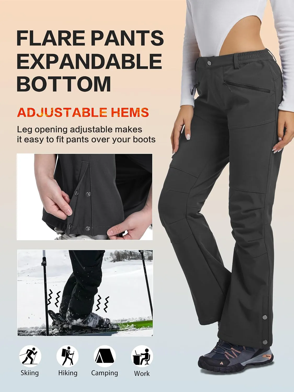 Women's Snow Ski Hiking Pants Waterproof Fleece Lined Softshell Insulated Winter Snowboarding Outdoor Flare Pants