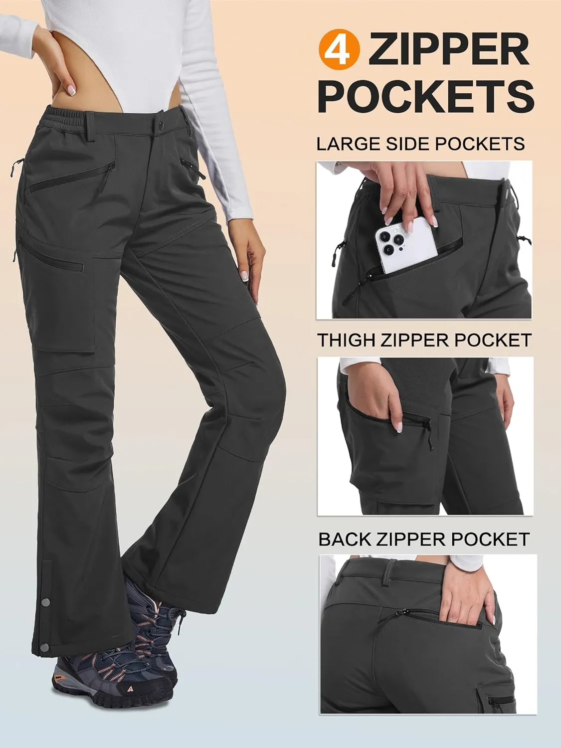 Women's Snow Ski Hiking Pants Waterproof Fleece Lined Softshell Insulated Winter Snowboarding Outdoor Flare Pants