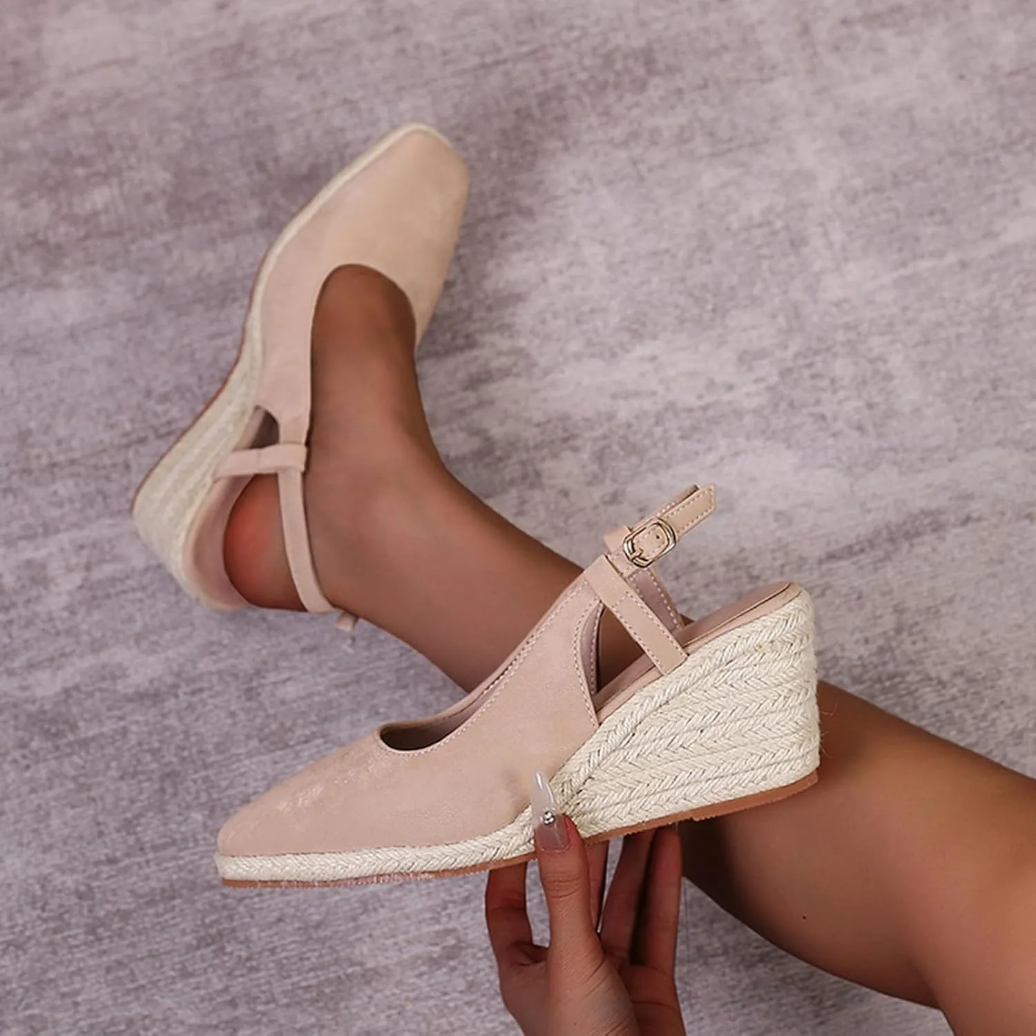 Women's Square Closed Toe Espadrille Wedge Sandals, Summer Outdoor Adjustable Buckle Comfortable Slip On Slingback Sandals