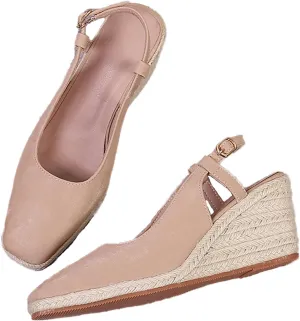 Women's Square Closed Toe Espadrille Wedge Sandals, Summer Outdoor Adjustable Buckle Comfortable Slip On Slingback Sandals