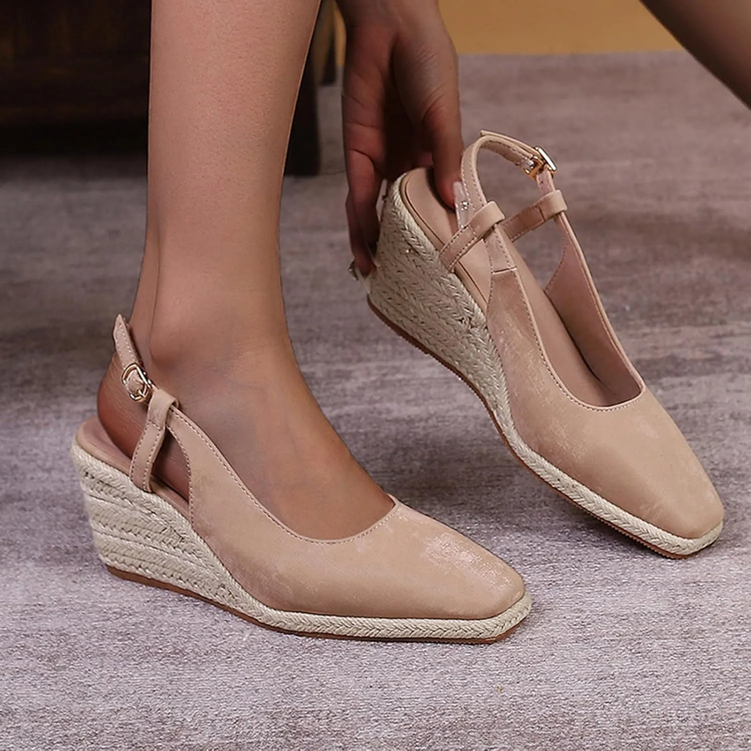 Women's Square Closed Toe Espadrille Wedge Sandals, Summer Outdoor Adjustable Buckle Comfortable Slip On Slingback Sandals