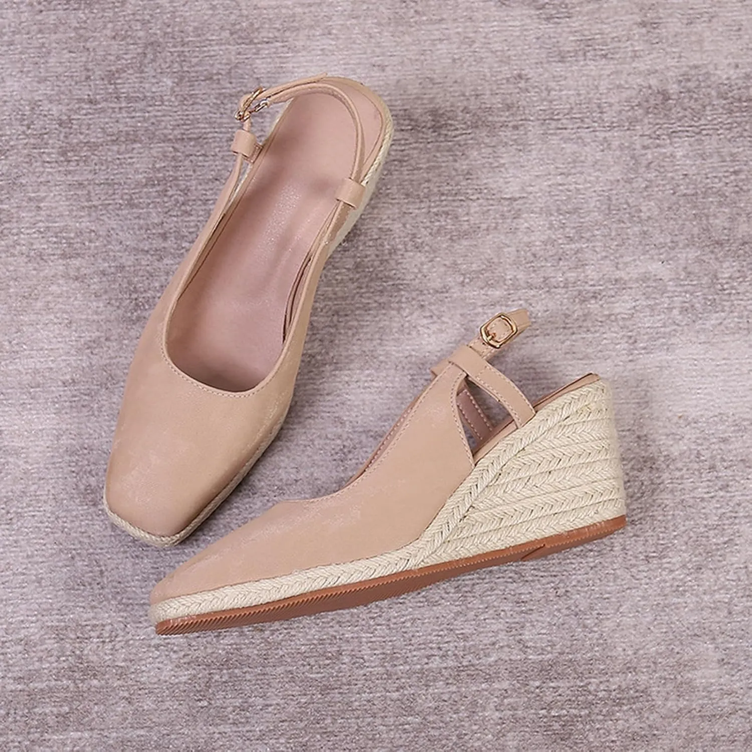 Women's Square Closed Toe Espadrille Wedge Sandals, Summer Outdoor Adjustable Buckle Comfortable Slip On Slingback Sandals