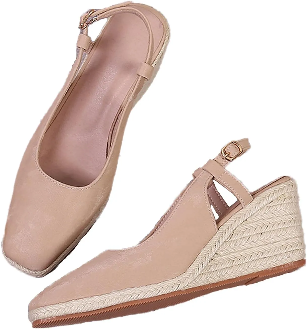 Women's Square Closed Toe Espadrille Wedge Sandals, Summer Outdoor Adjustable Buckle Comfortable Slip On Slingback Sandals