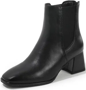 Womens Square Toe Ankle Boots Back Zipper Chunky Heel Chelsea Booties