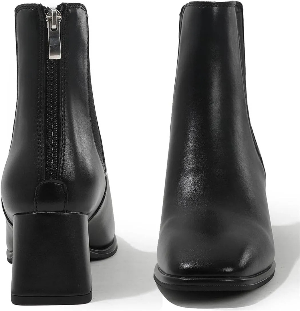 Womens Square Toe Ankle Boots Back Zipper Chunky Heel Chelsea Booties