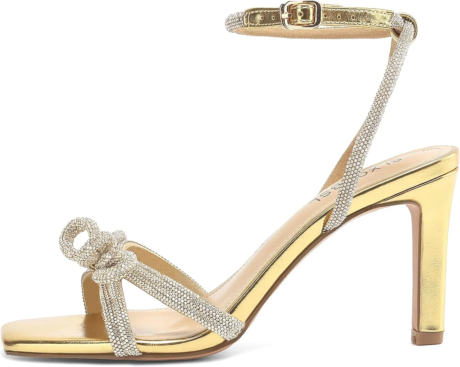 Women's Square Toe Rhinestone Sandals Adjustable Ankle Strappy and Double Bowknots High Heels 3 Inches Bridal Wedding Party prom Slingback Heels sparkly Comfort Shoes for Women