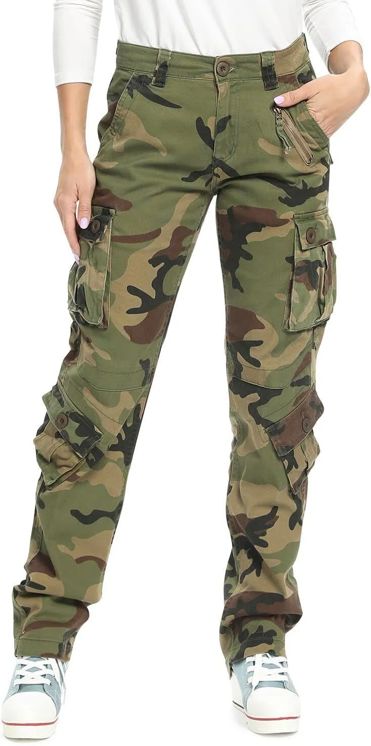 Womens Stretch Casual Cargo Work Pants Camo Combat Tactical Travel Pants with 8 Pockets