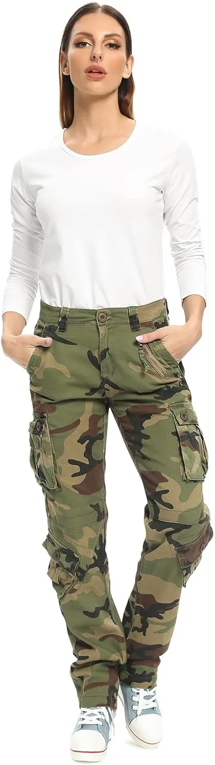Womens Stretch Casual Cargo Work Pants Camo Combat Tactical Travel Pants with 8 Pockets