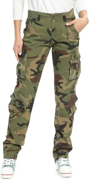 Womens Stretch Casual Cargo Work Pants Camo Combat Tactical Travel Pants with 8 Pockets