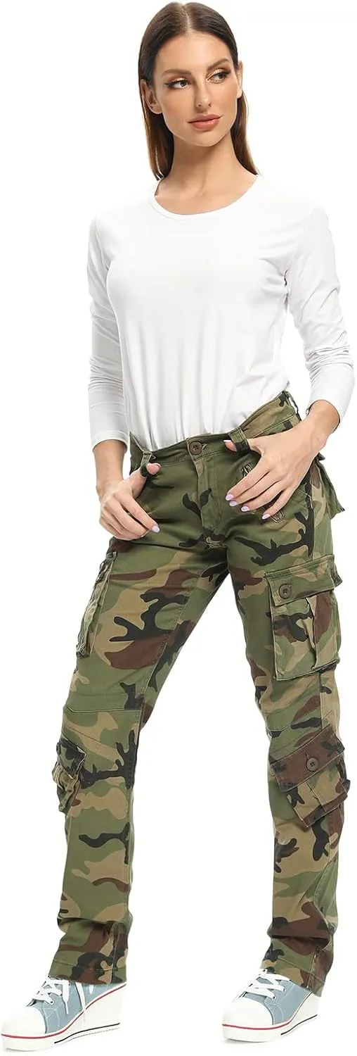 Womens Stretch Casual Cargo Work Pants Camo Combat Tactical Travel Pants with 8 Pockets