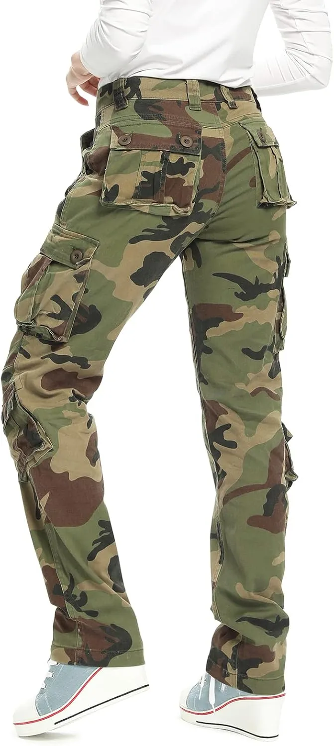 Womens Stretch Casual Cargo Work Pants Camo Combat Tactical Travel Pants with 8 Pockets