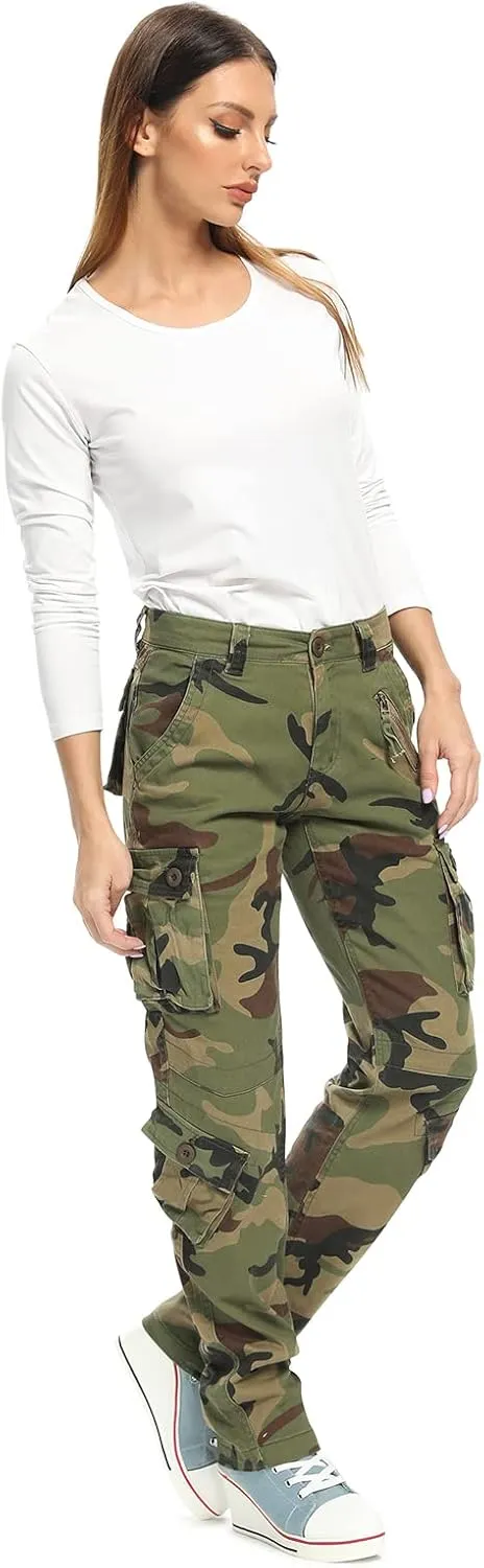 Womens Stretch Casual Cargo Work Pants Camo Combat Tactical Travel Pants with 8 Pockets