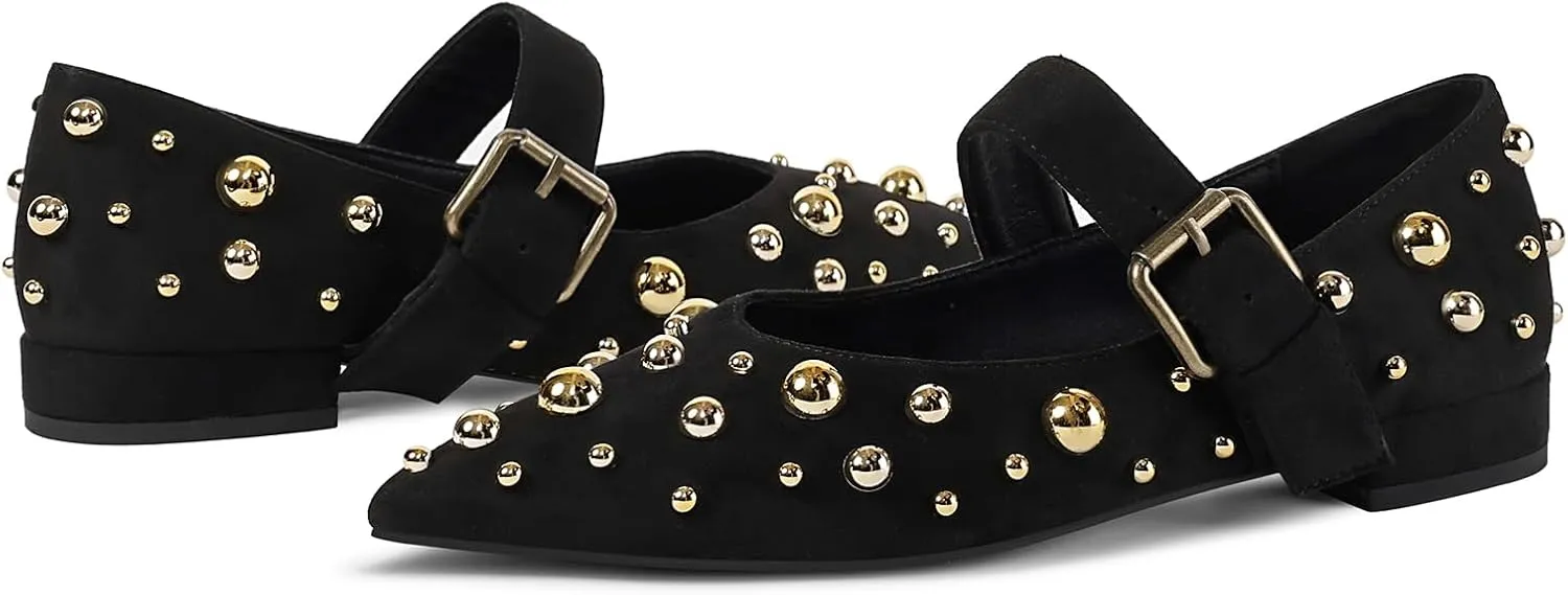 Women's Studded Flats Pointed Toe Mary Jane Flat Shoes