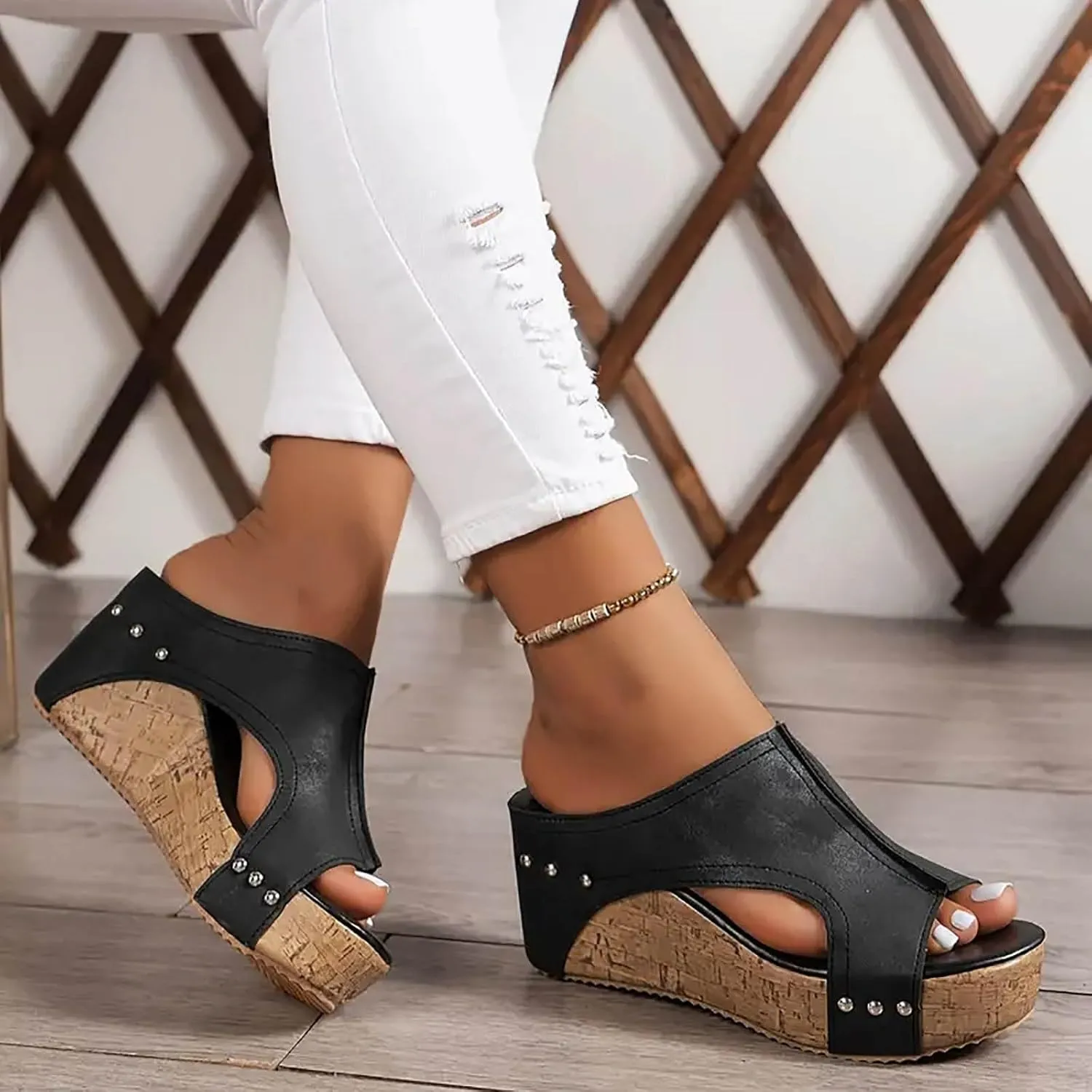 Womens Summer Sandals Peep Toe Slip On Wedge Slides Cut Out Boho Leather Platform Sandal Comfortable High Heeled Shoes