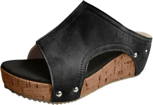 Womens Summer Sandals Peep Toe Slip On Wedge Slides Cut Out Boho Leather Platform Sandal Comfortable High Heeled Shoes