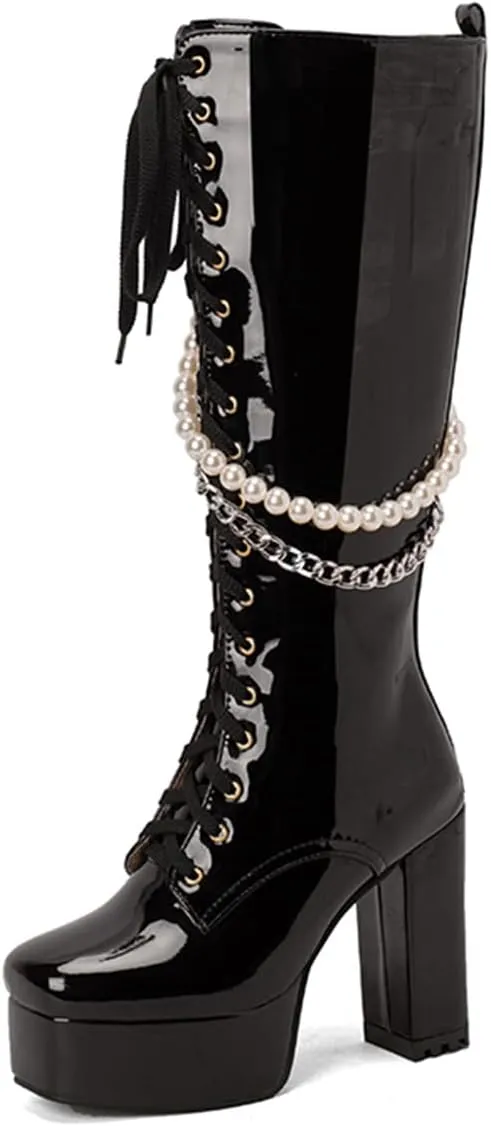Women's Thick Heel Platform Gothic Boots Lace Up String Bead Punk Boots