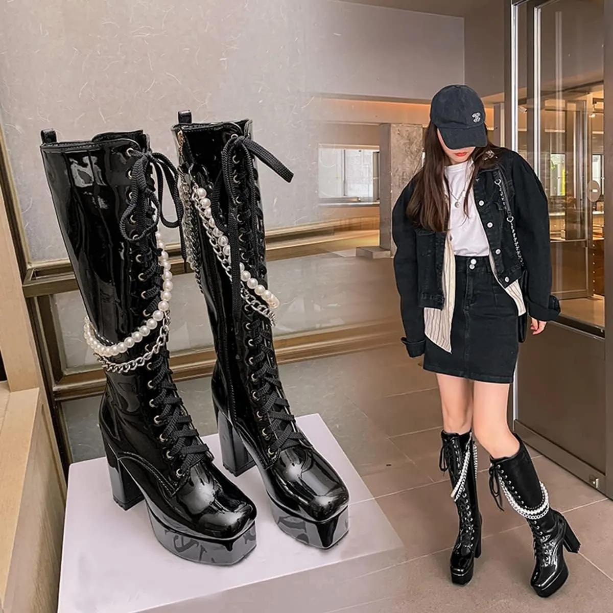 Women's Thick Heel Platform Gothic Boots Lace Up String Bead Punk Boots