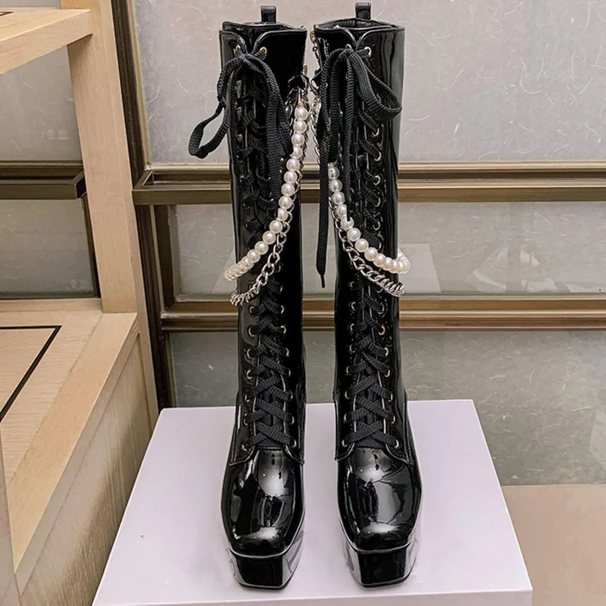 Women's Thick Heel Platform Gothic Boots Lace Up String Bead Punk Boots