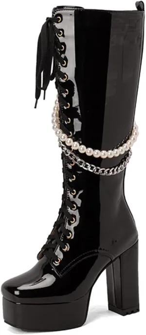 Women's Thick Heel Platform Gothic Boots Lace Up String Bead Punk Boots