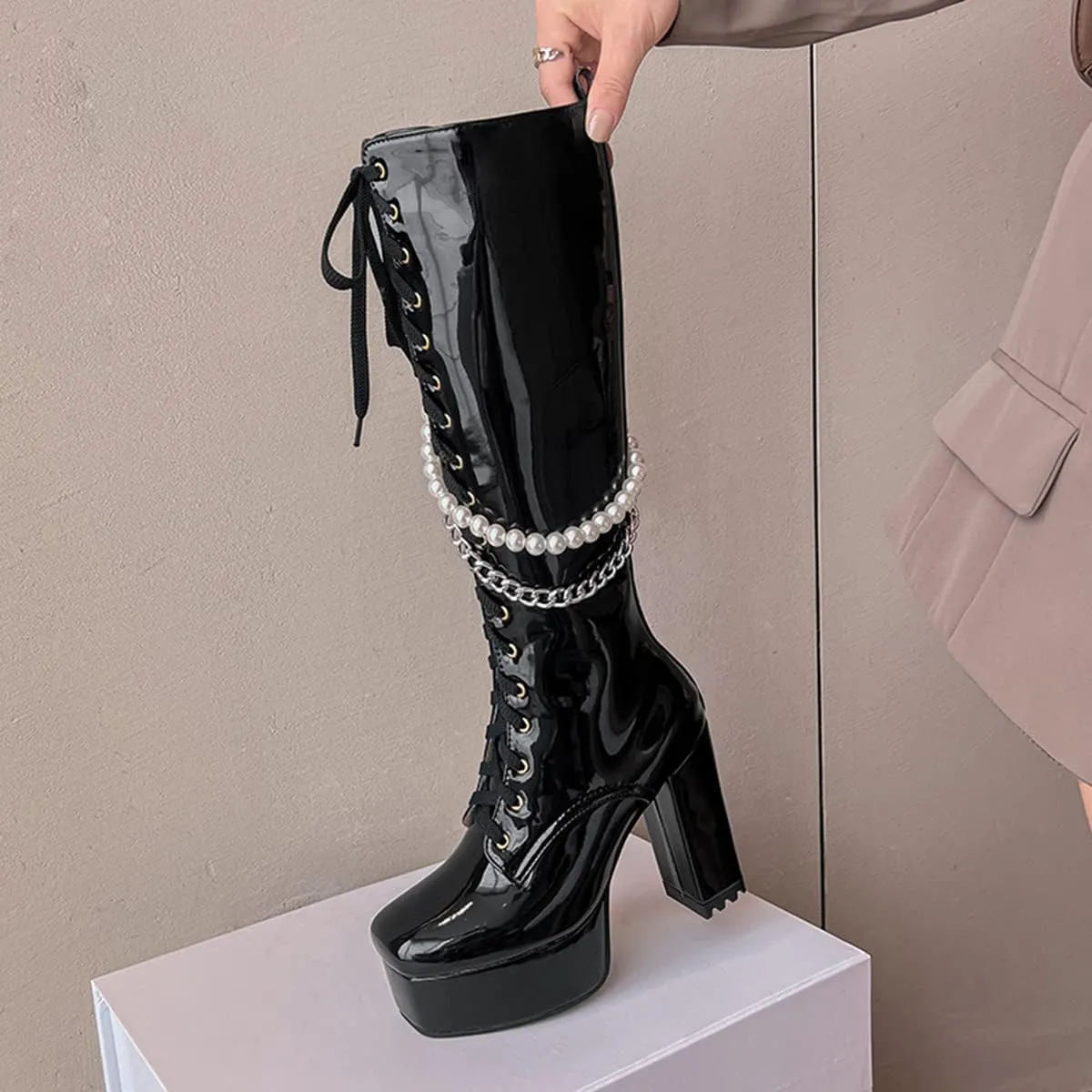 Women's Thick Heel Platform Gothic Boots Lace Up String Bead Punk Boots