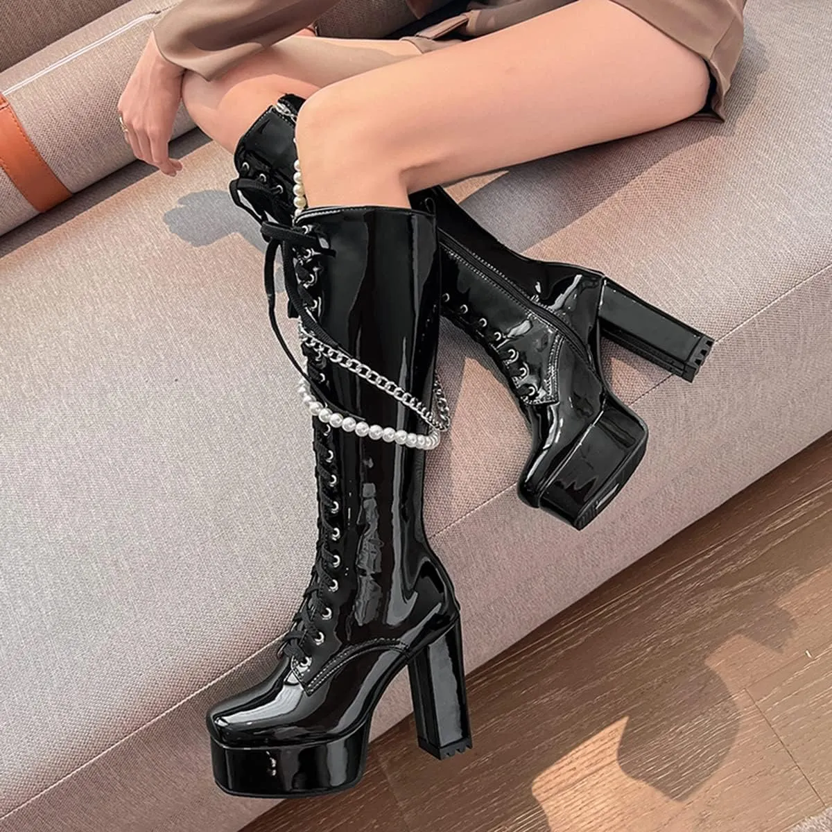 Women's Thick Heel Platform Gothic Boots Lace Up String Bead Punk Boots