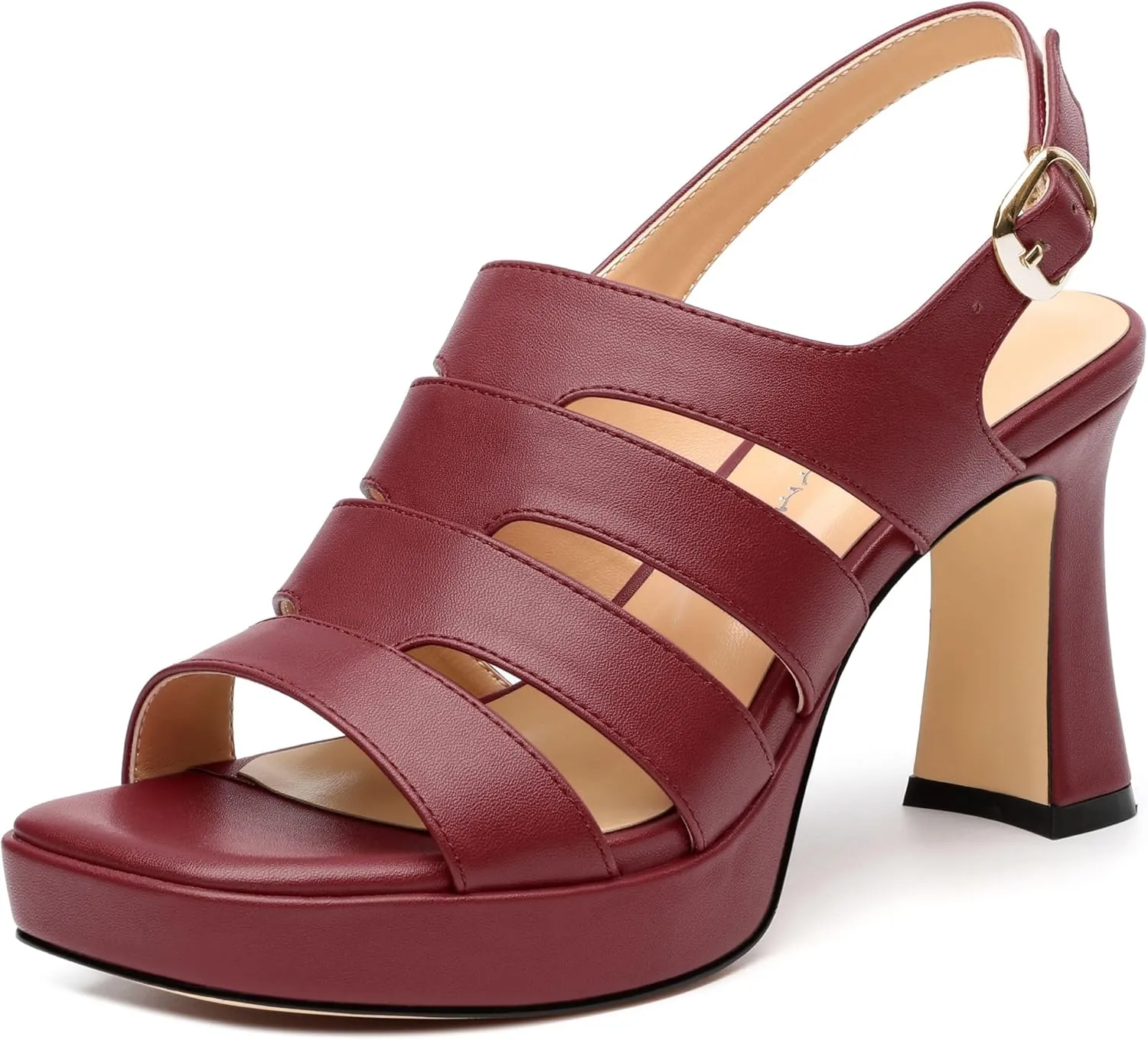 Women's thick soled sandals, square open toe thick heel women's ankle strap sandals, buckle leather insole sandals 3.3 inches, sexy thick heel sandals