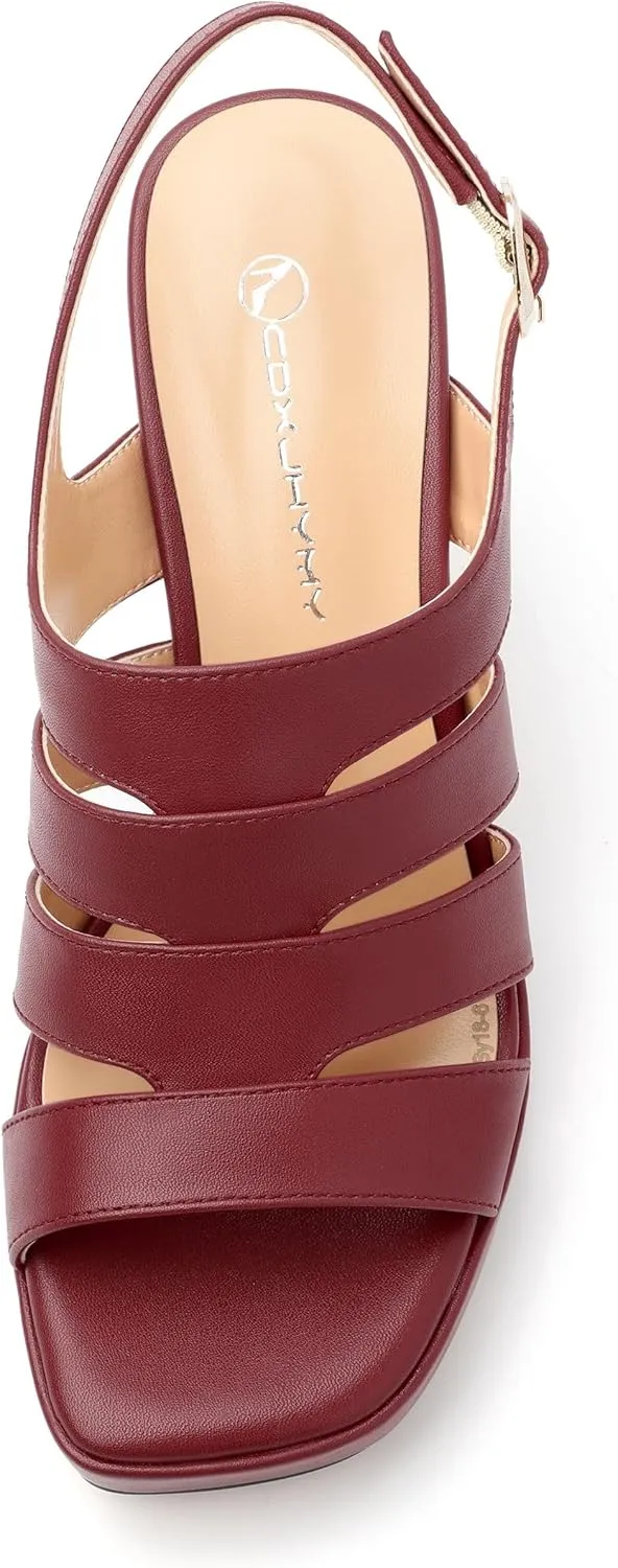 Women's thick soled sandals, square open toe thick heel women's ankle strap sandals, buckle leather insole sandals 3.3 inches, sexy thick heel sandals