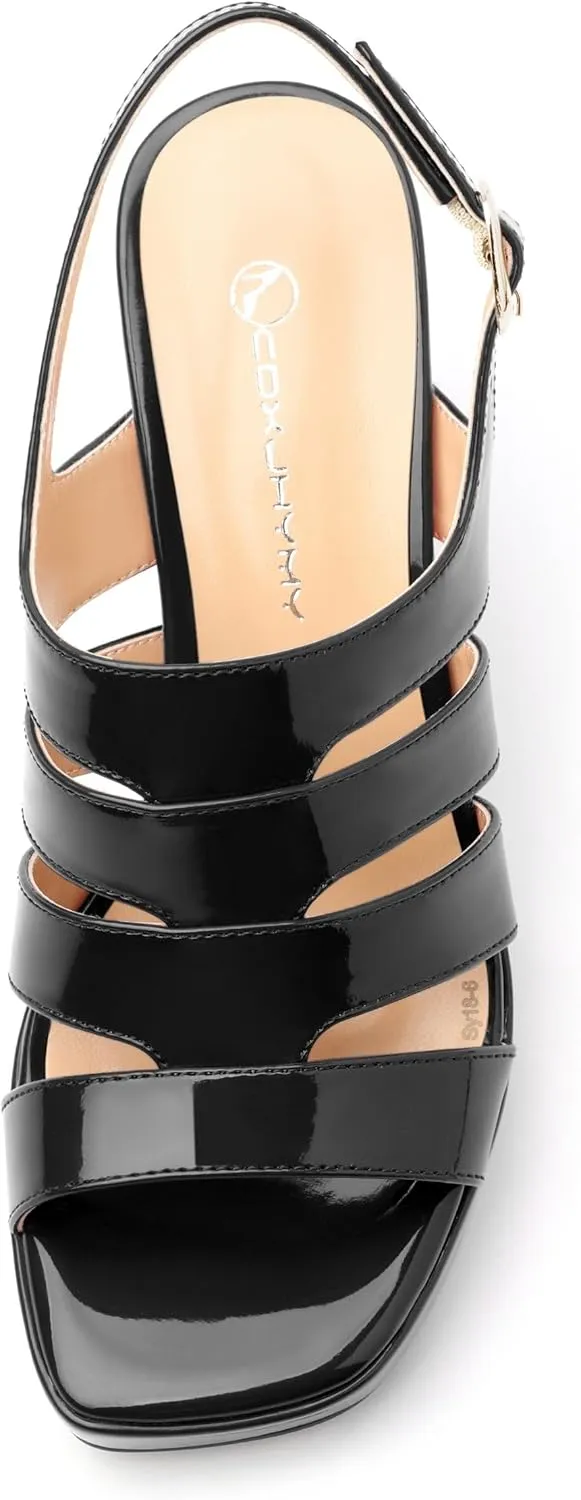 Women's thick soled sandals, square open toe thick heel women's ankle strap sandals, buckle leather insole sandals 3.3 inches, sexy thick heel sandals