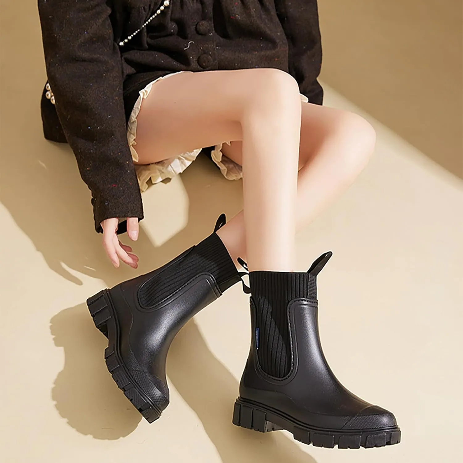 Women's Waterproof Lug Sole Chelsea Ankle Boots fashion slip-on Platform Chunky Heel Combat booties Casual Comfortable non-slip outdoor work Rain shoes Boots