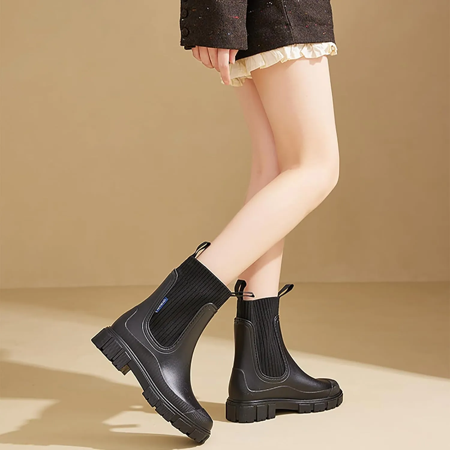 Women's Waterproof Lug Sole Chelsea Ankle Boots fashion slip-on Platform Chunky Heel Combat booties Casual Comfortable non-slip outdoor work Rain shoes Boots