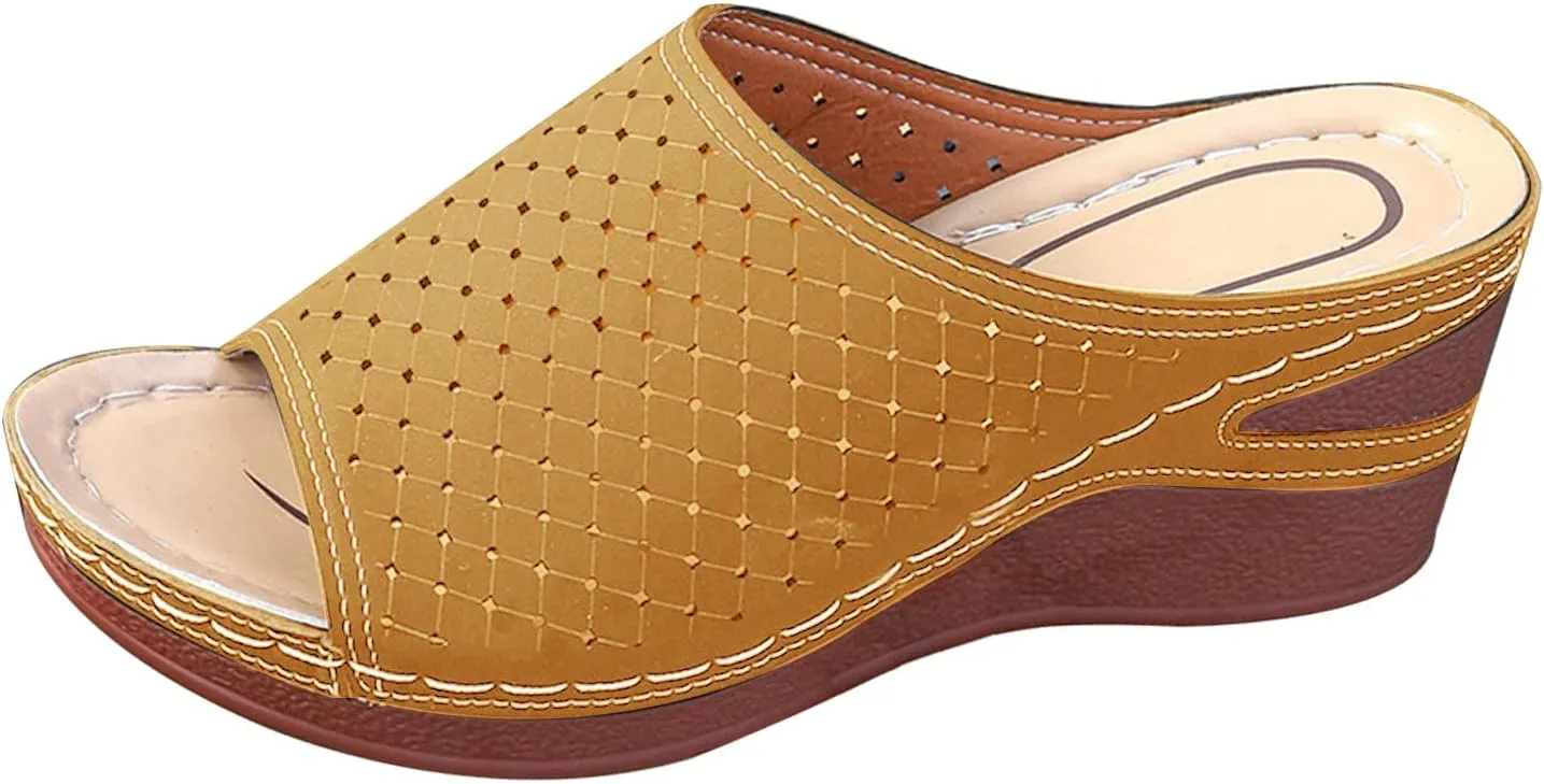 Women's Wedge Open Toe Orthopedic Sandals with Arch-Support Hollow-Out Platform Slip-on Fish Mouth Summer Casual Non Slip Walking Beach Shoes On Bohemian Platforms PU Leather Dressy