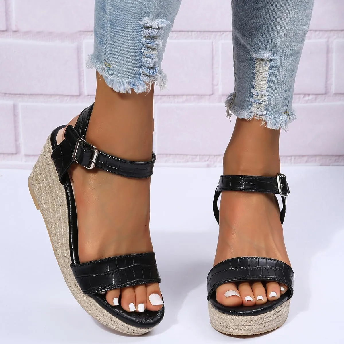 Womens Wedge Sandals Comfortable Open Toe Espadrille Wedges Sandals Woven Flax Thick Sole Sandal Arch Support Dressy Summer Shoes