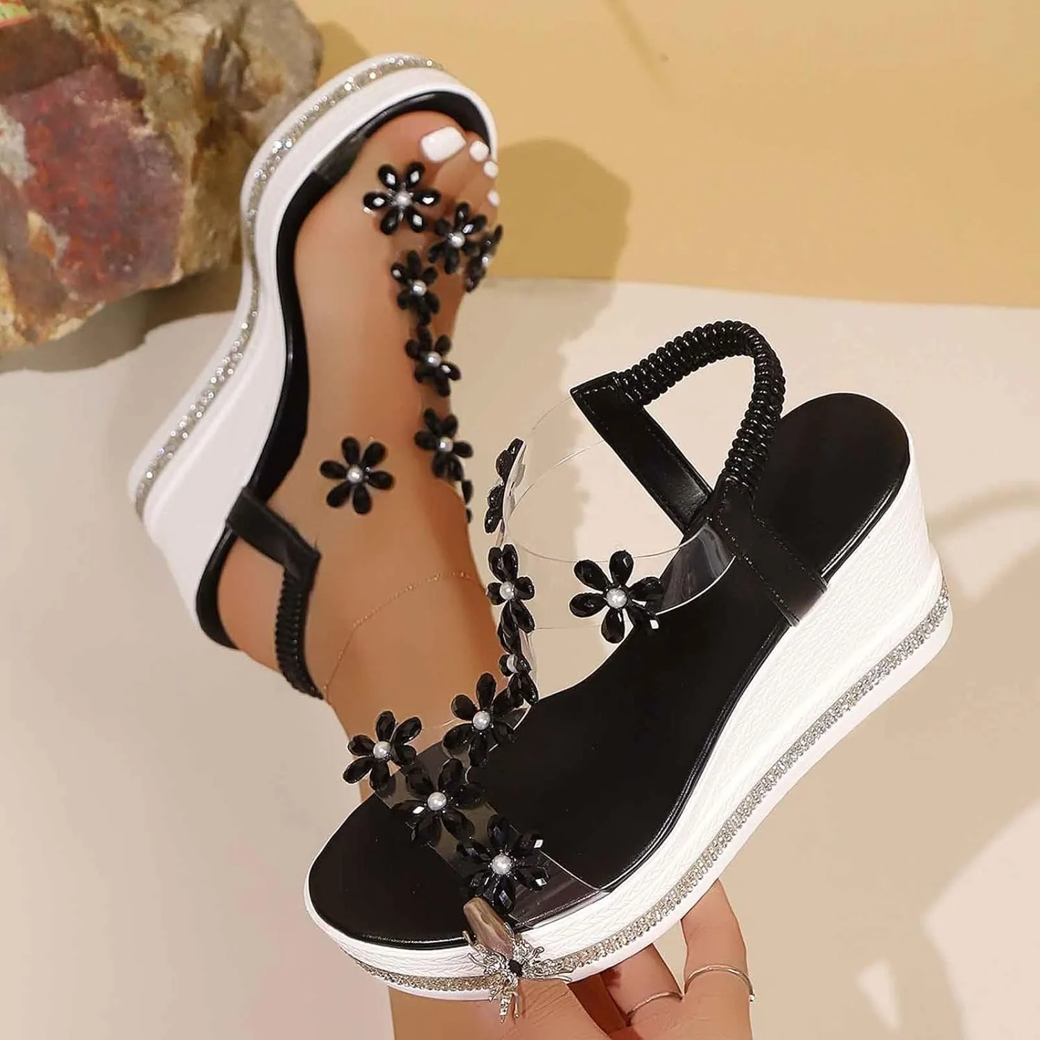 Womens Wedge Sandals Flower High Heel Dressy Sandals Elastic Ankle Strap Rhinestone Summer Comfortable Shoes