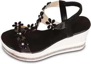 Womens Wedge Sandals Flower High Heel Dressy Sandals Elastic Ankle Strap Rhinestone Summer Comfortable Shoes