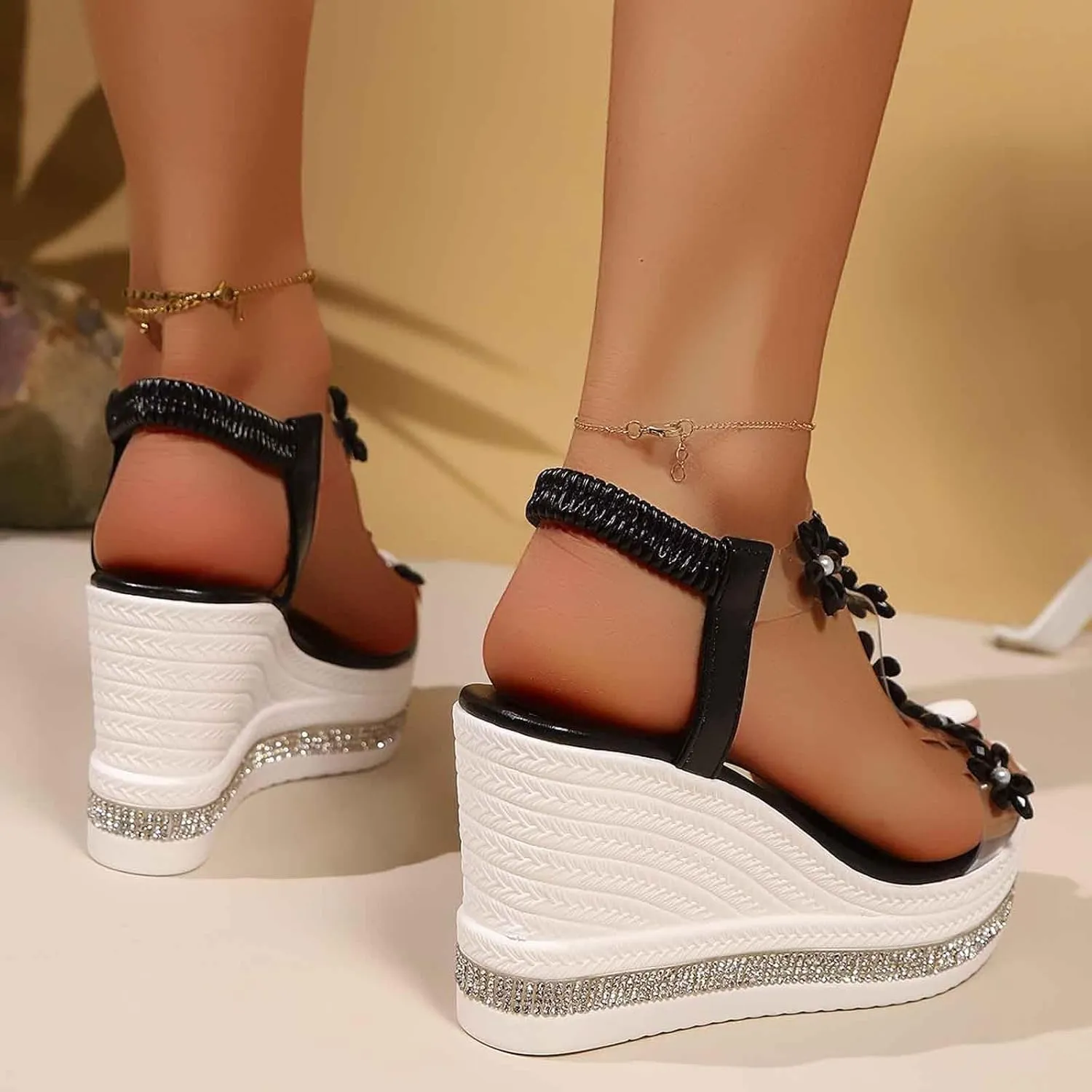 Womens Wedge Sandals Flower High Heel Dressy Sandals Elastic Ankle Strap Rhinestone Summer Comfortable Shoes