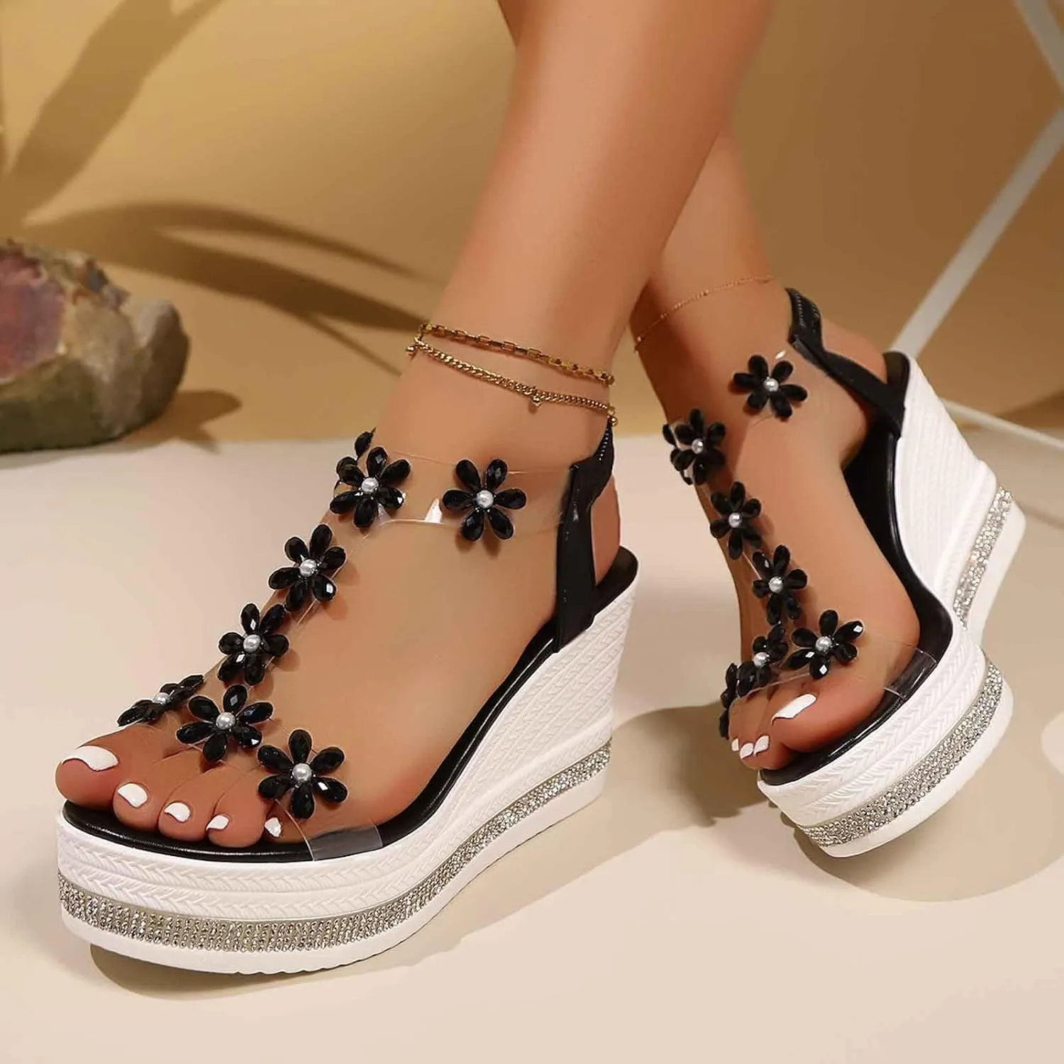 Womens Wedge Sandals Flower High Heel Dressy Sandals Elastic Ankle Strap Rhinestone Summer Comfortable Shoes