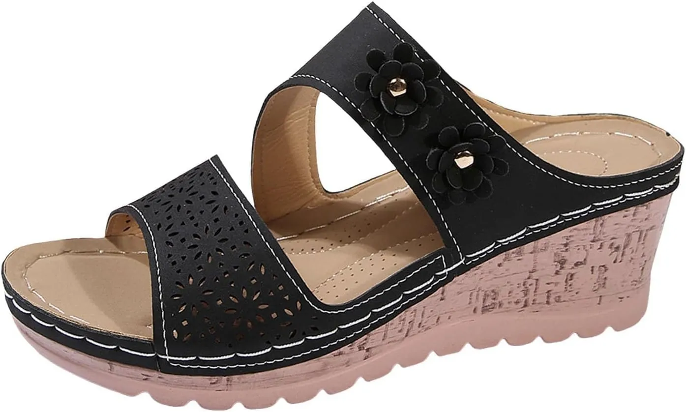 Womens Wedge Sandals Leather Dressy Sandal, Rubber Sole Comfortable Walking Casual Slip on Summer Shoes 3D Floral Cutout Soft Insole Orthopedic Arch Support Bohemian Slippers Flat Flip Flops