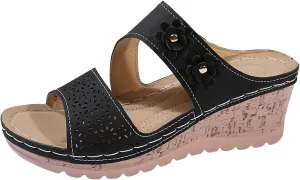 Womens Wedge Sandals Leather Dressy Sandal, Rubber Sole Comfortable Walking Casual Slip on Summer Shoes 3D Floral Cutout Soft Insole Orthopedic Arch Support Bohemian Slippers Flat Flip Flops