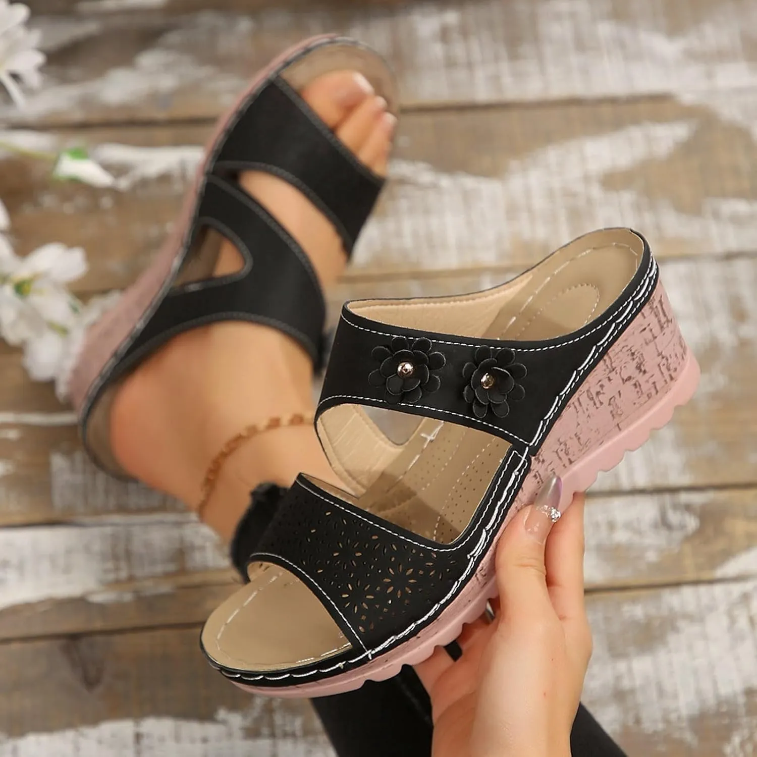 Womens Wedge Sandals Leather Dressy Sandal, Rubber Sole Comfortable Walking Casual Slip on Summer Shoes 3D Floral Cutout Soft Insole Orthopedic Arch Support Bohemian Slippers Flat Flip Flops