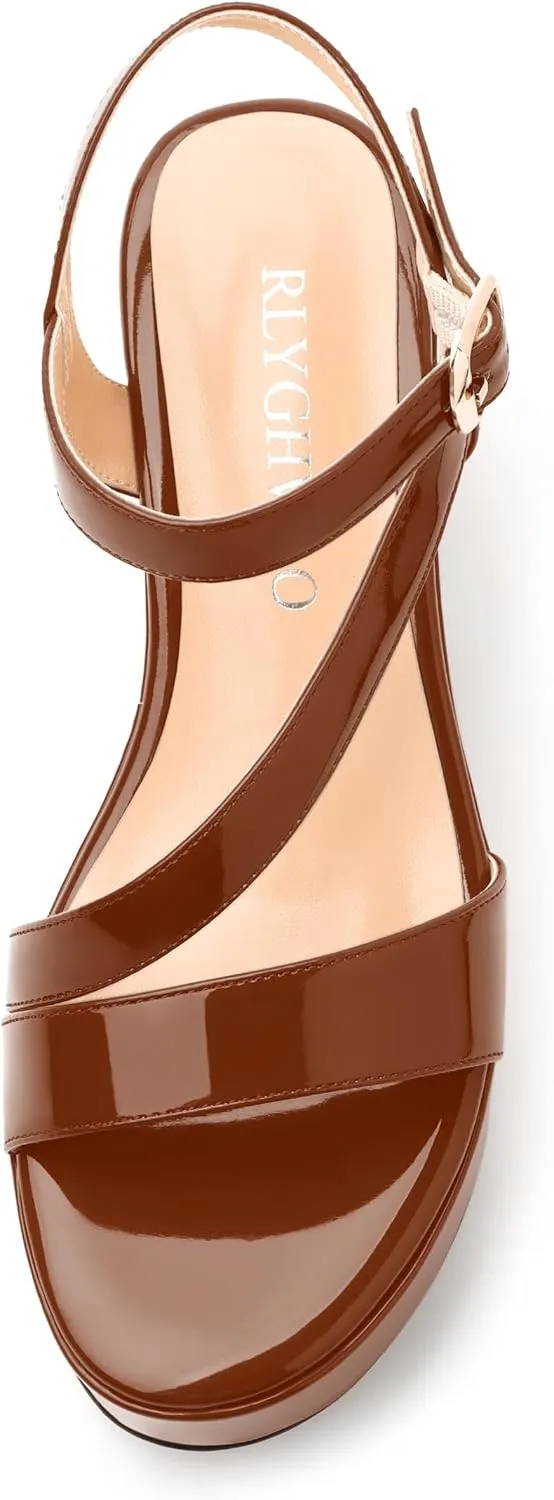 Womens Wedge Sandals, Round Toe Platform Sandals, Adjustable Strap with Buckle Fashion Solid Heeled Sandal for Work Wedding Party