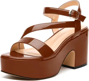 Womens Wedge Sandals, Round Toe Platform Sandals, Adjustable Strap with Buckle Fashion Solid Heeled Sandal for Work Wedding Party