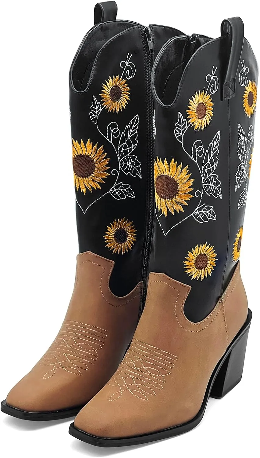 Women's Western Cowboy Boots Mid Calf Cowgirl Boots Chunky Heel Zipper Square Toe Embroidered Sunflower Fashion Boots